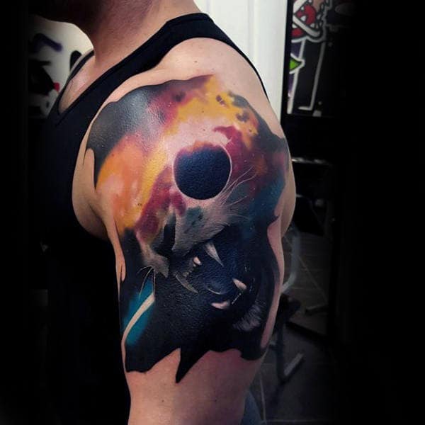 Roaring Big Cat Colorful Outer Space Mens Watercolor Arm Tattoos