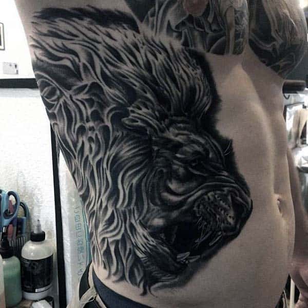 Roaring Black Ink Lion Nice Mens Rib Cage Side Tattoos