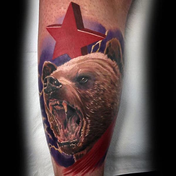 Roaring California Bear With Realistic Design And 3d Red Star Tattoo On Male