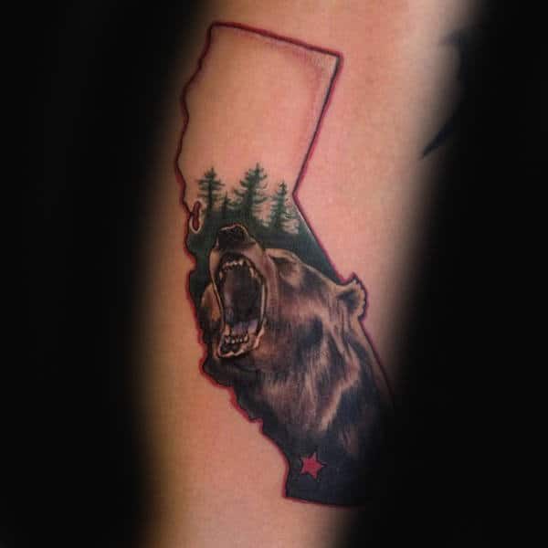 Roaring California Bear With Red Ink State Border Mens Tattoo