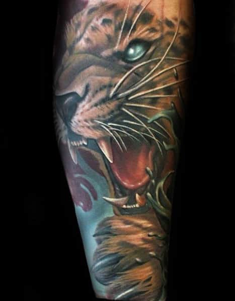 Roaring Cheetah Guys Modern Leg Sleeve Tattoo Designs