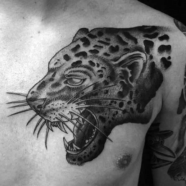 Roaring Cheetah Retro Mens Upper Chest Tattoo