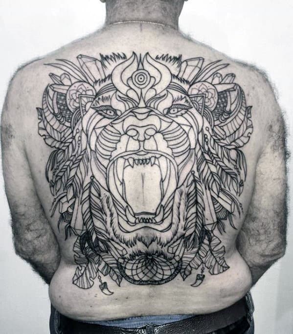 Roaring Decorative Bear Male Badass Back Tattoo Ideas