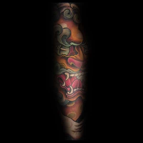 Roaring Foo Dog Mens New School Forearm Sleeve Tattoo