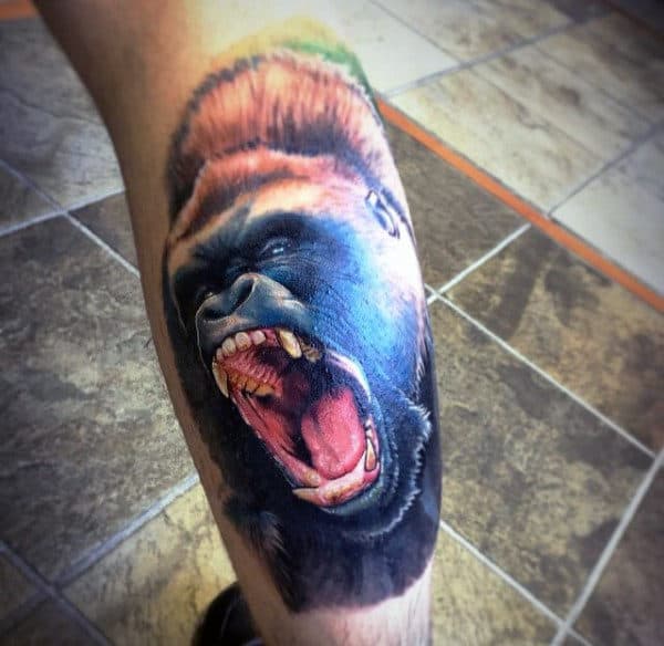 Roaring Gorilla Ape Mens Tattoo On Back Of Leg Calf