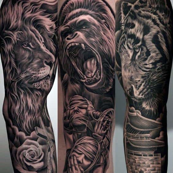 Roaring Gorilla With Calm Lion Guys Amazing Sleeve Tattoo Ideas