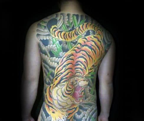 Roaring Japanese Tiger Full Back Tattoos For Men