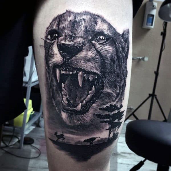 Roaring Leopard Nature Thigh Tattoos For Guys