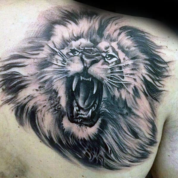 Roaring Lion Guys Back Of Shoulder Tattos