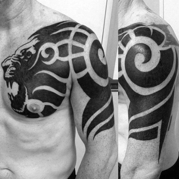 Roaring Lion Half Sleeve And Chest Animal Tribal Male Tattoo Designs