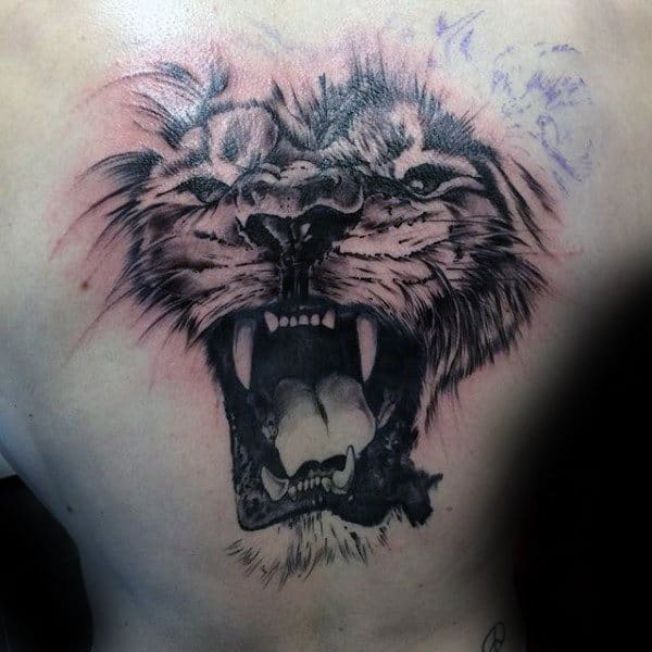 Roaring Lion Head Male Center Of Back Tattoo Designs