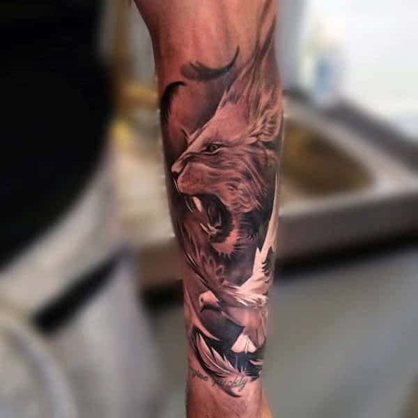 Roaring Lion Inner Forearm Mens Tattoo With Doves
