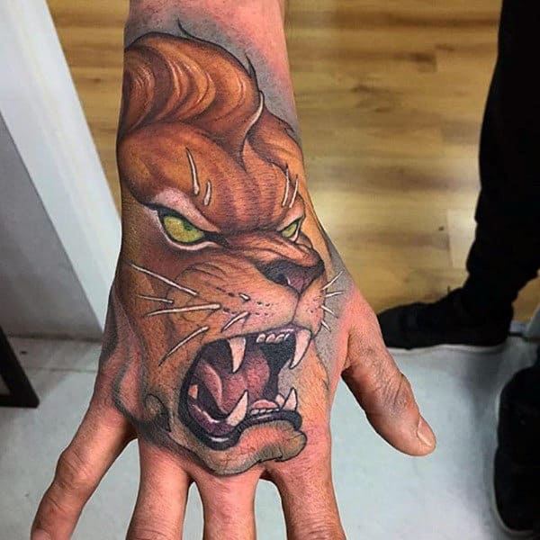 Roaring Lion Insane Guys Hand Tattoo