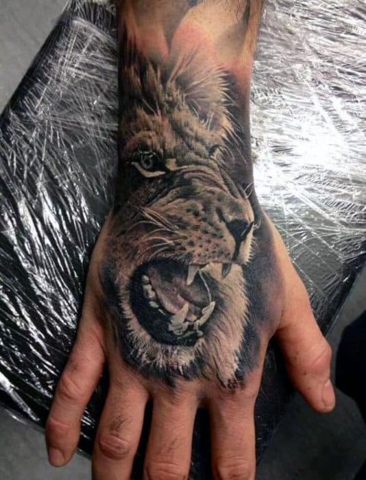 Roaring Lion Male Hand Tattoos