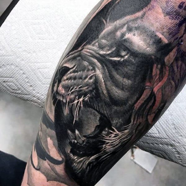 Roaring Lion Mens Leg Tattoo With Shaded Design