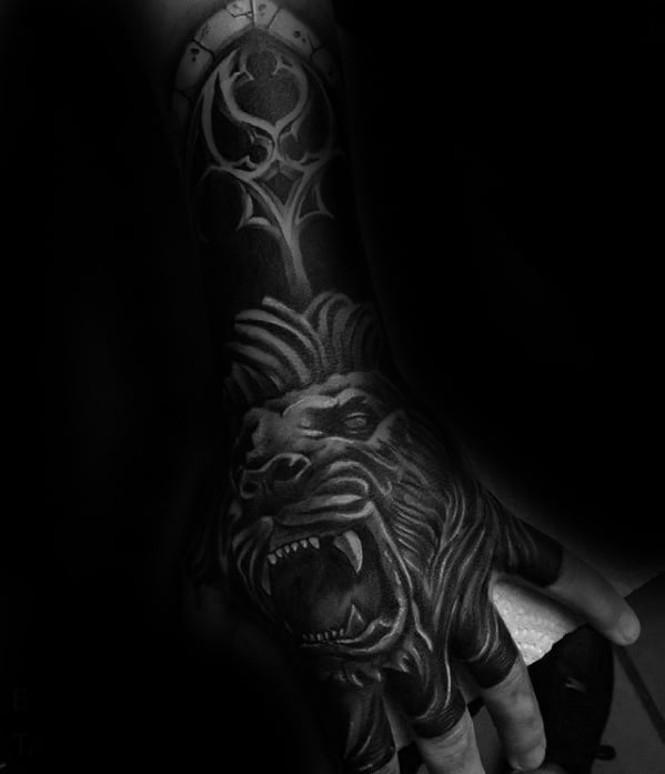 Roaring Lion Unique Hand Heavily Shaded Mens Tattoo