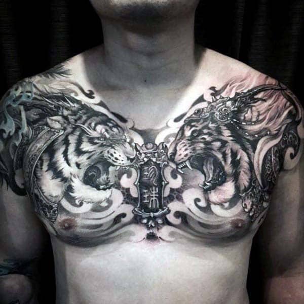 Roaring Lions Chinese Nice Mens Upper Chest Tattoo Designs