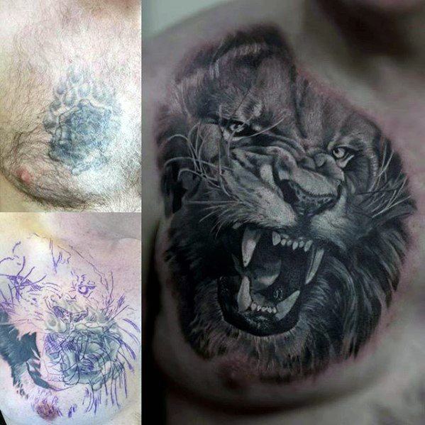 Roaring Tiger Head Guys Cover Up Upper Chest Tattoos