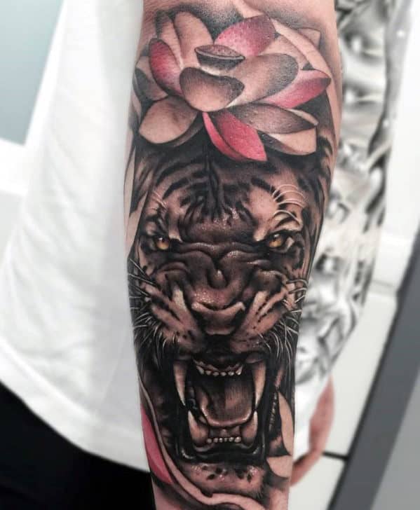 Roaring Tiger Realistic Guys Lotus Flower Tattoos On Outer Forearm