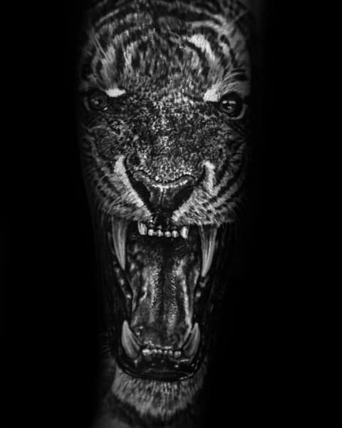 Hyper-realistic roaring tiger tattoo in black and grey, symbolizing raw power, dominance, and fearless determination.