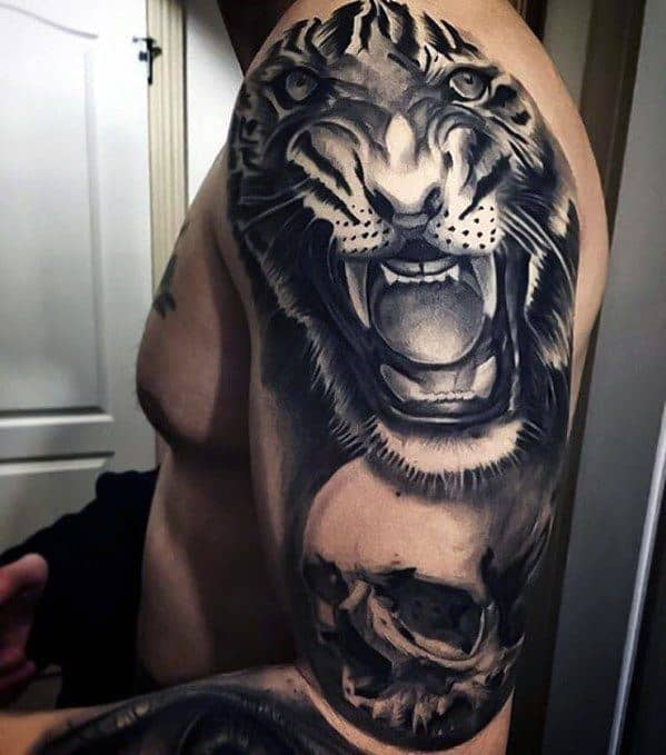 Roaring Tiger With Unique Skull Mens Half Sleeve Tattoos