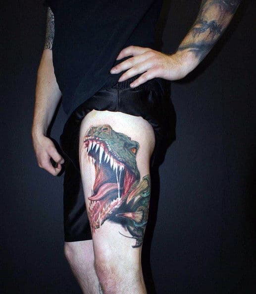 Roaring Velociraptor Mens Thigh Tattoos