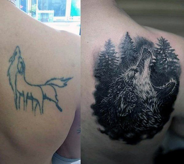 Roaring Wolf Shoulder Blade Mens Tattoo Cover Up Ideas