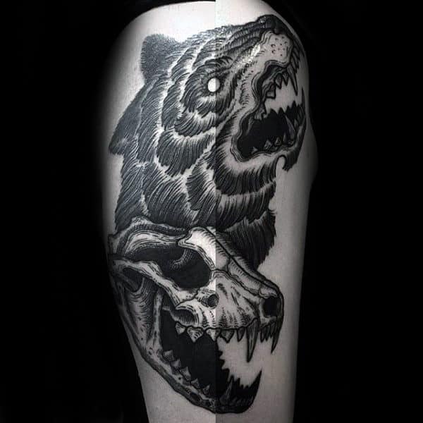 Roaring Wolf Skull Male Thigh Tattoos