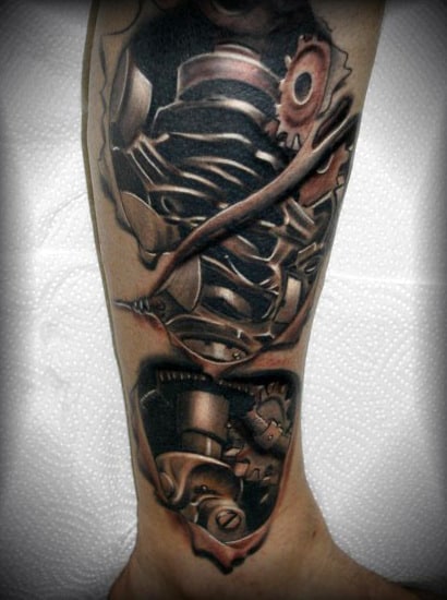 Robotic Mens Terminator Leg Tattoo With 3d Ripped Skin Design