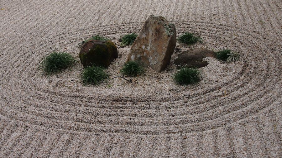 small outcrop of rocks and plants in raked sand garden 
