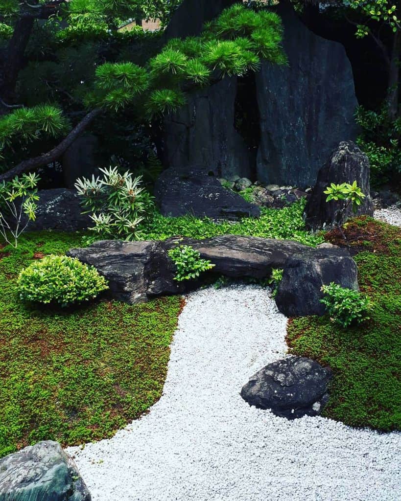 zen rock garden with white gravel path