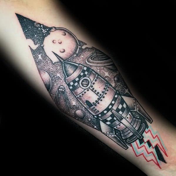 Rocket Ship Inner Forearm Guys Manly Tattoo Ideas