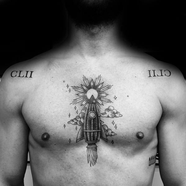 Rocket Ship With Sun Mens Center Of Chest Tattoo