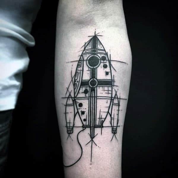 Rocketship Black Ink Artistic Mens Inner Forearm Tattoo