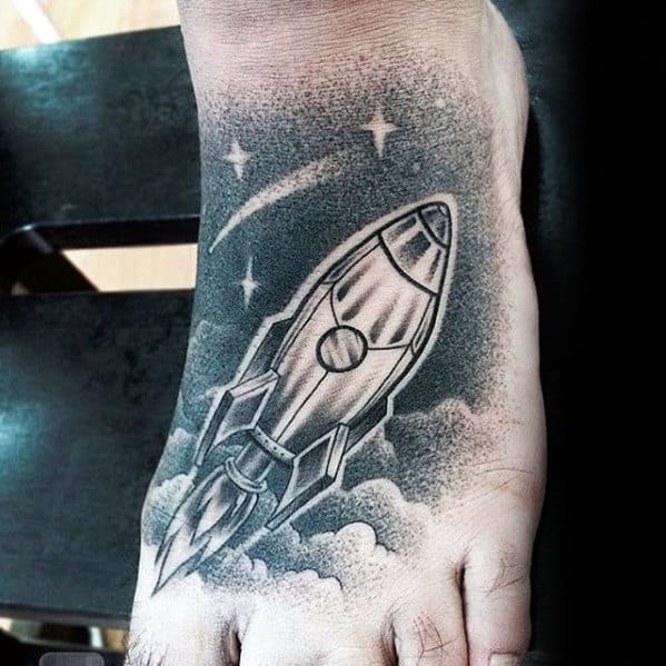 Rocketship Dotwork Night Sky Guys Different Foot Tattoo