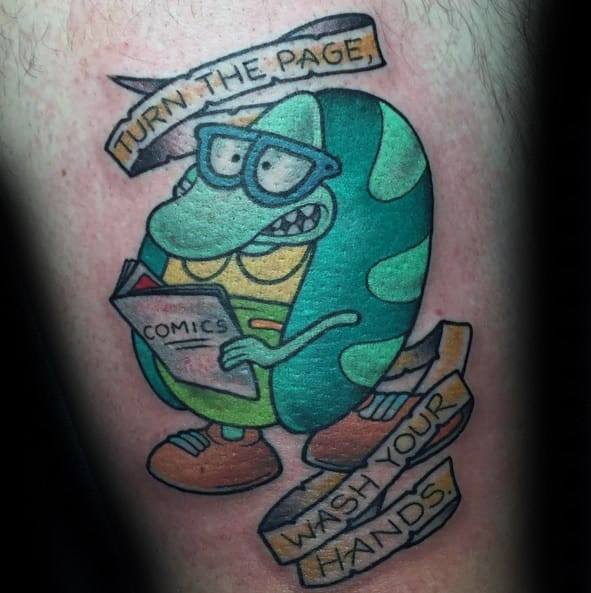 Tattoo of the educational bookworm from Rocko’s Modern Life holding a comic book, with banners reading “Turn the page, wash your hands”.