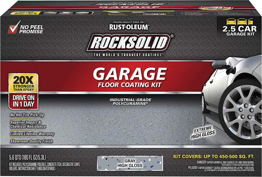 Rust-Oleum RockSolid garage floor coating kit with gray high gloss finish.