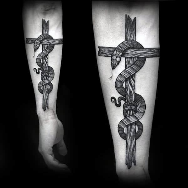 Rod Of Hermes Caduceus Mens Inner Forearm Tattoos