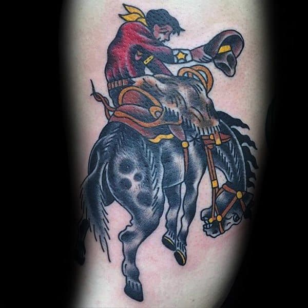 Traditional-style tattoo of a cowboy riding a bucking horse, featuring bold outlines, rich colors, dynamic motion, and Western-inspired details.