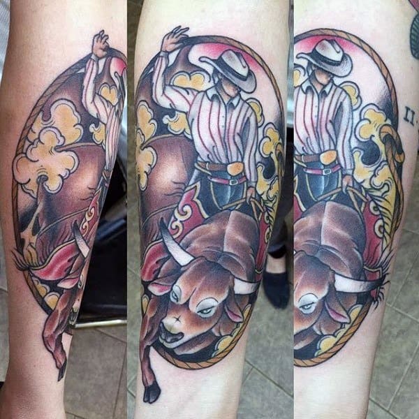 Traditional-style tattoo of a cowboy riding a bucking bull, framed in an ornate oval design with bold outlines, rich colors, and intricate Western details.