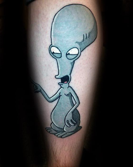 Bold and clean tattoo of Roger the alien from American Dad in a classic sassy pose, pointing with a smirk on his face.