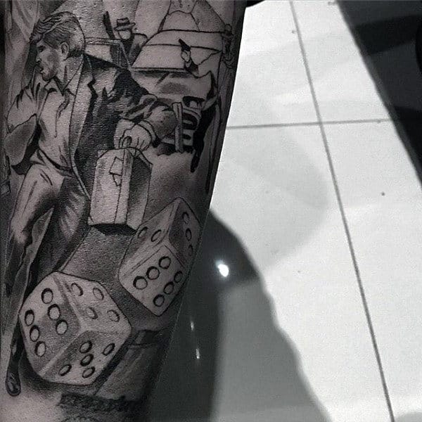 Rolling Dice With Running Gangster Mens Forearm Shaded Sleeve Tattoo