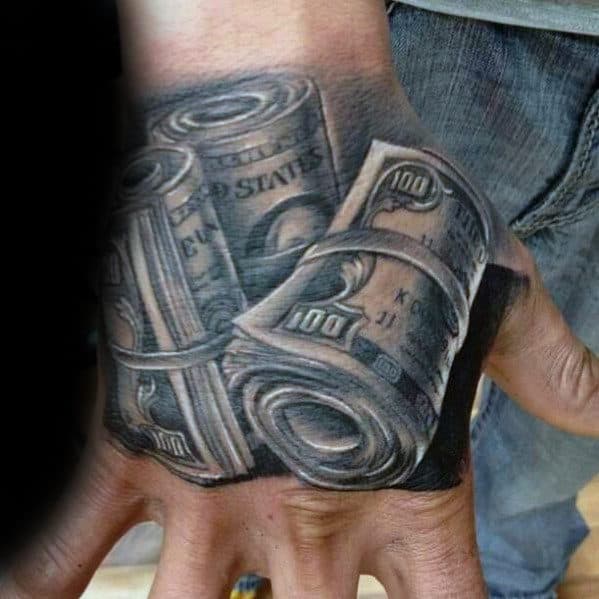 Rolls Of Dollar Bills Mens 3d Hand Tattoo
