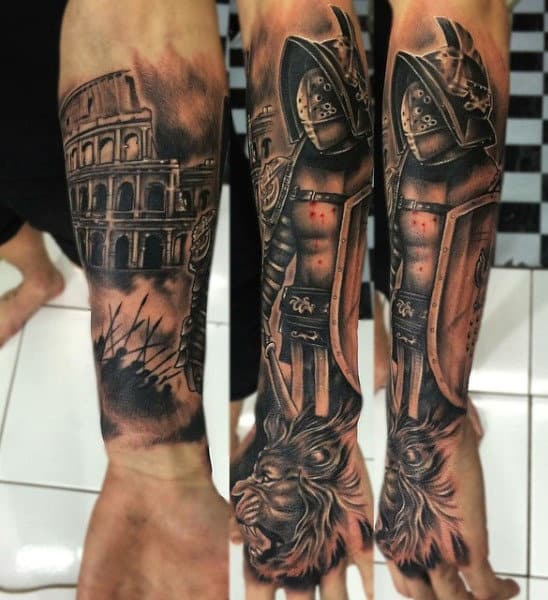 Forearm tattoo of a Roman Colosseum and an armored gladiator with intricate lion head details