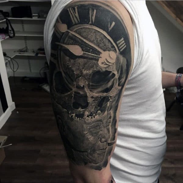 Roman Numeral Clock Detailed Skull Guys Half Sleeve Tattoos
