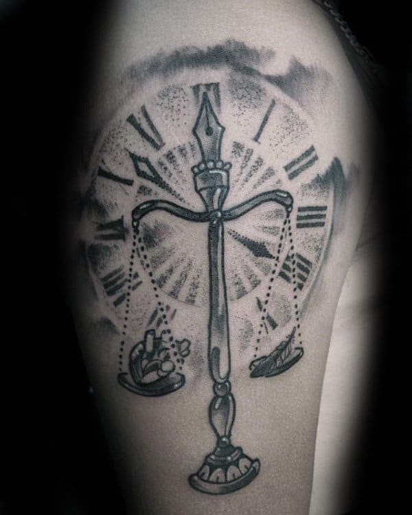 Roman Numeral Clock Mens Libra Scale Tattoos On Upper Arms