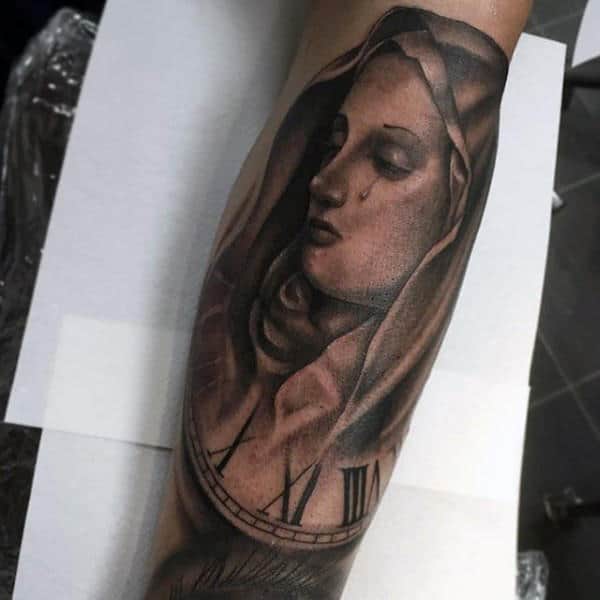 Roman Numeral Clock Mens Virgin Mary Shaded Tattoo Ideas