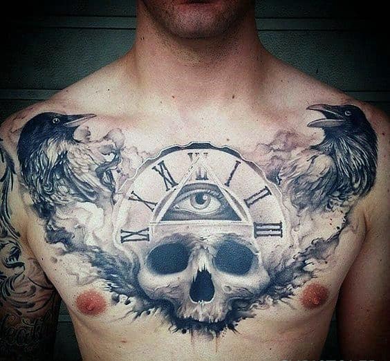 Roman Numeral Clock With All Seeing Eye And Skull Guys Cool Watercolor Chest Tattoo