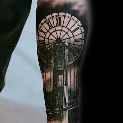 Roman Numeral Clock With Bridge Guys Forearm Sleeve Tattoo