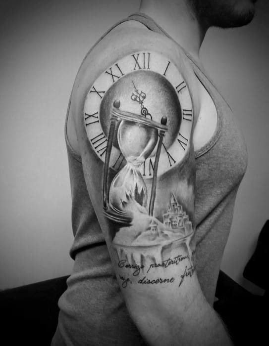 Roman Numeral Clock With Broken Hourglass Mens Half Sleeve Tattoo